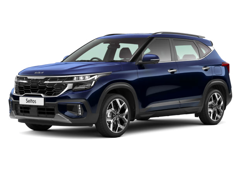 Kia Syros compact SUV in blue, front-three-quarter view